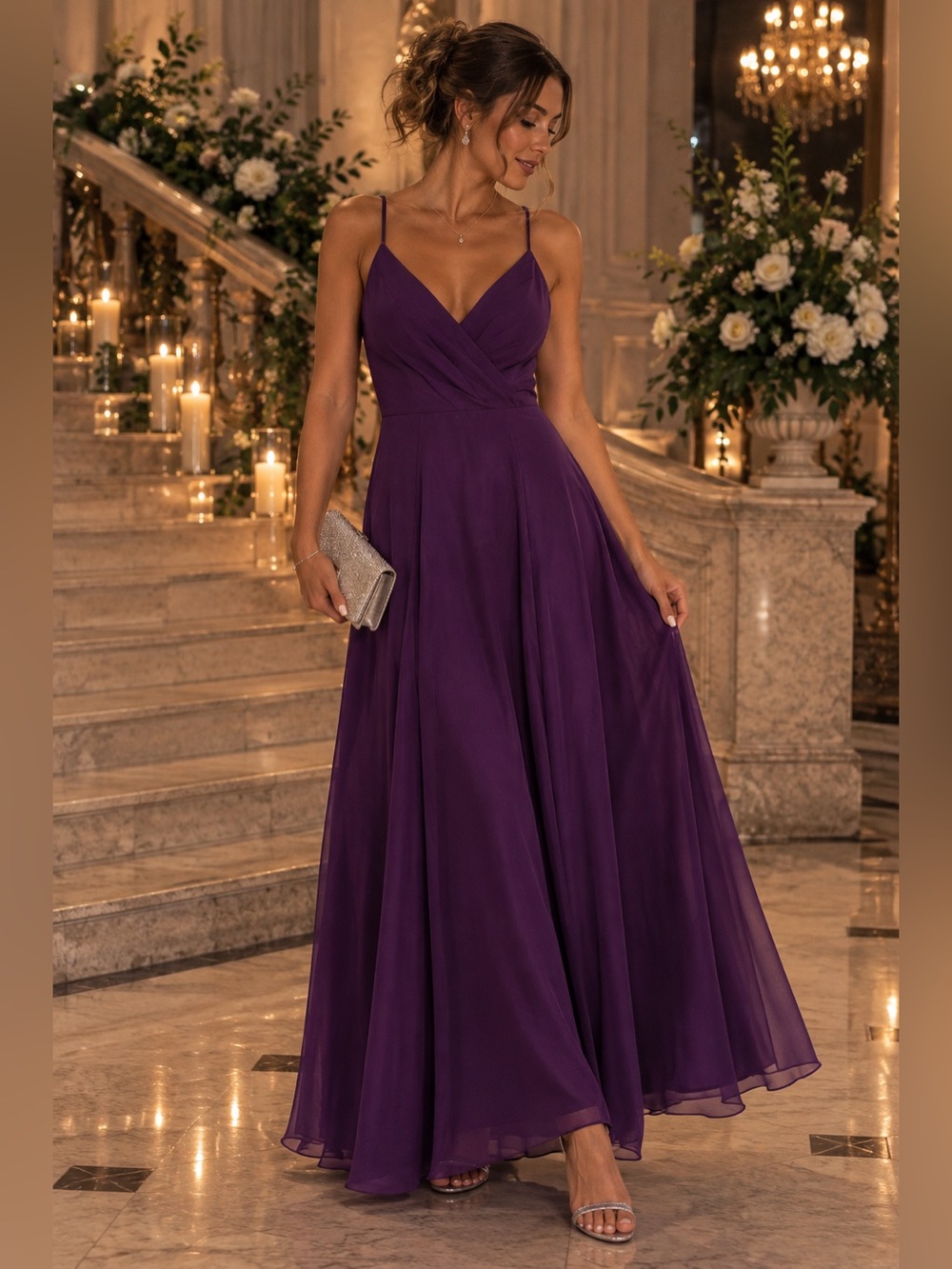 Da Vinci Purple Chiffon Formal Bridesmaid Prom Maxi Gown Size 14